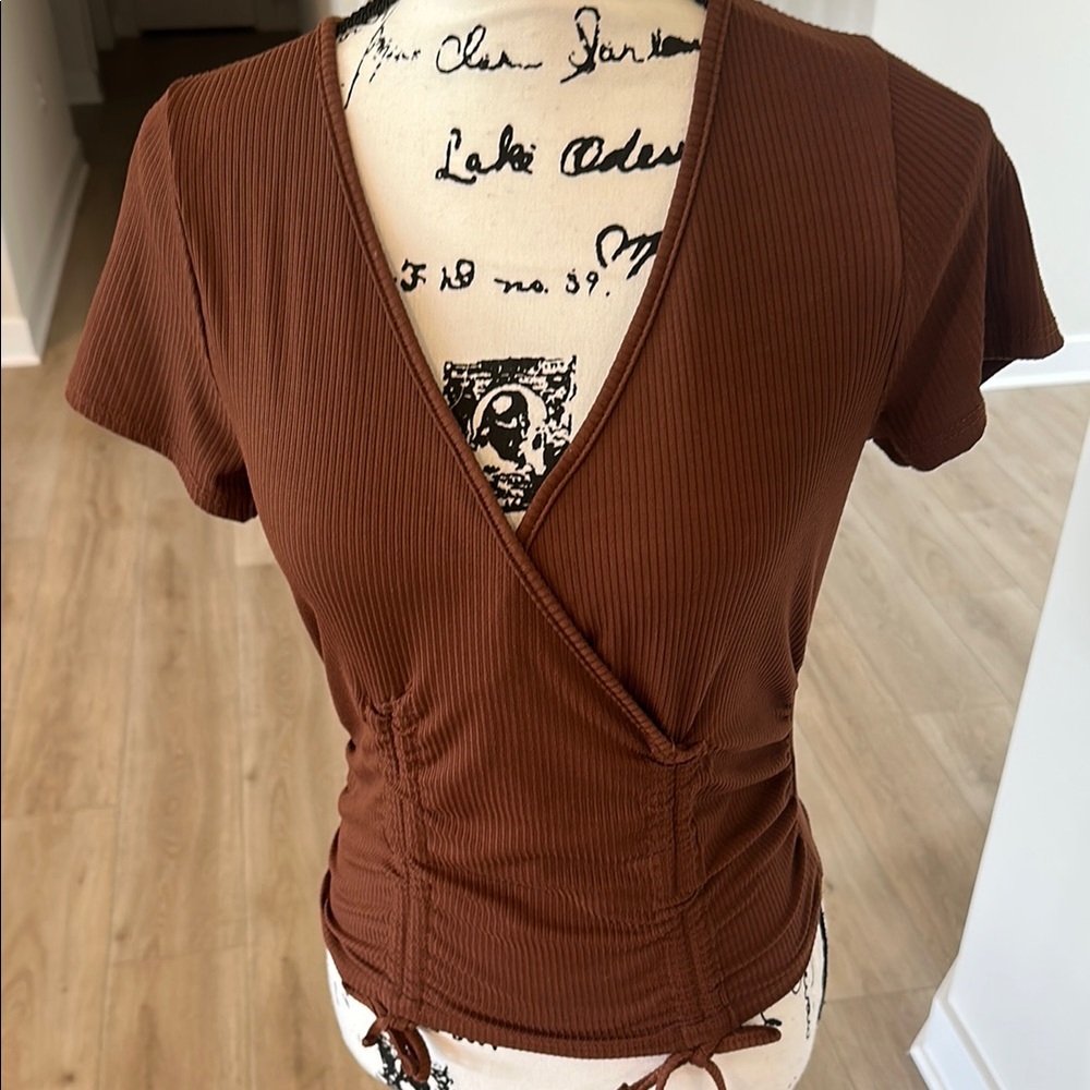 Ultra Flirt Brown Ruched Wrap Blouse